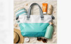 Beach bag essentials layout for retail beach product sourcing