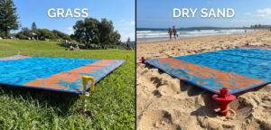 Beach mat with stakes for wind-resistant beach product sourcing