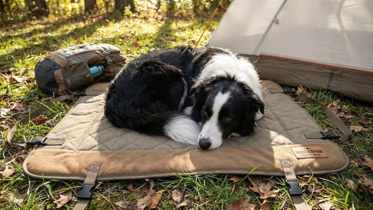 Dog outdoors with travel gear