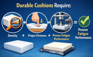 High-density resilient cushion filling for outdoor seat pad construction