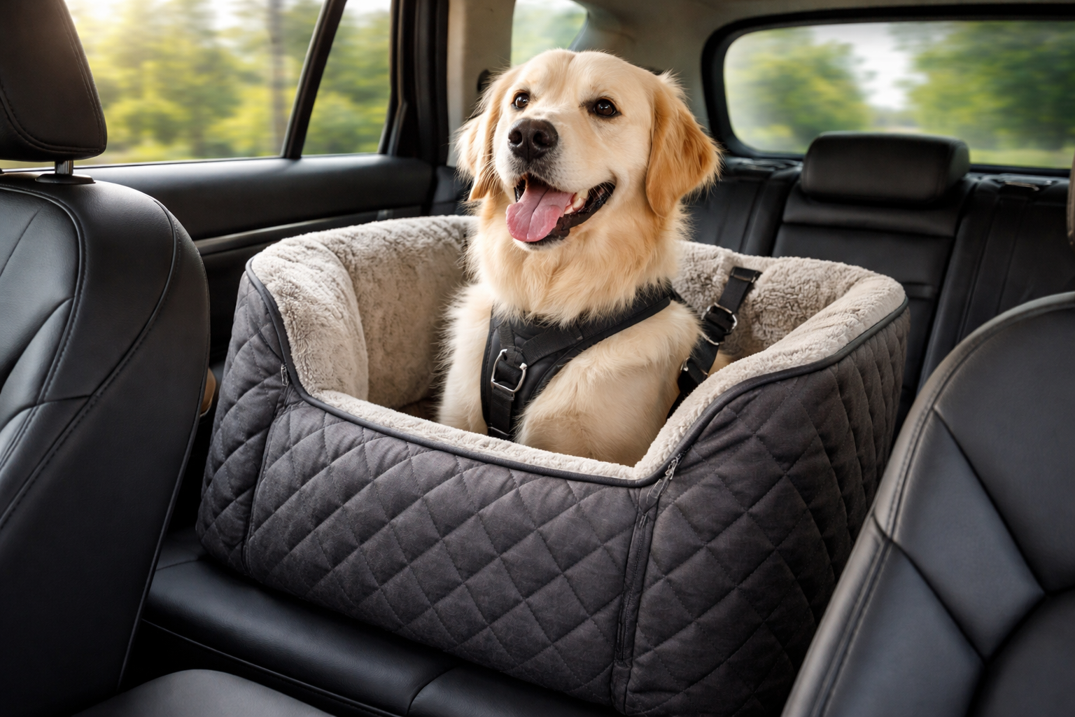 Dog in car with safety seat