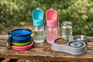 Collapsible bowls portable water bottles and spill proof feeders for pet travel accessory sourcing