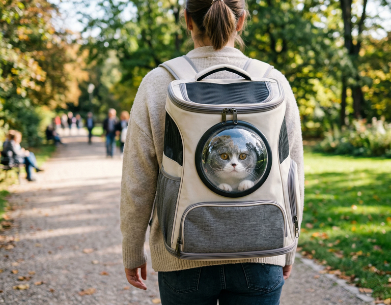 Cat peeking through bubble window in pet carrier