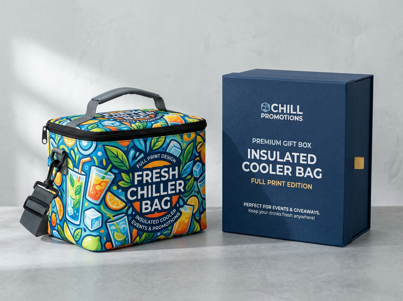 Custom promotional cooler bags with full-color Pantone print and corporate gift box packaging for B2B clients.