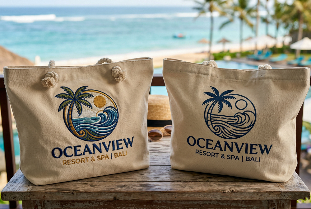 Close-up embroidery logo detail on sustainable resort beach bag for luxury hotel branding (1)_2