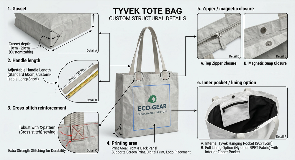 Custom Tyvek-style tote bag details including gusset, handle stitching, zipper closure, and printed branding