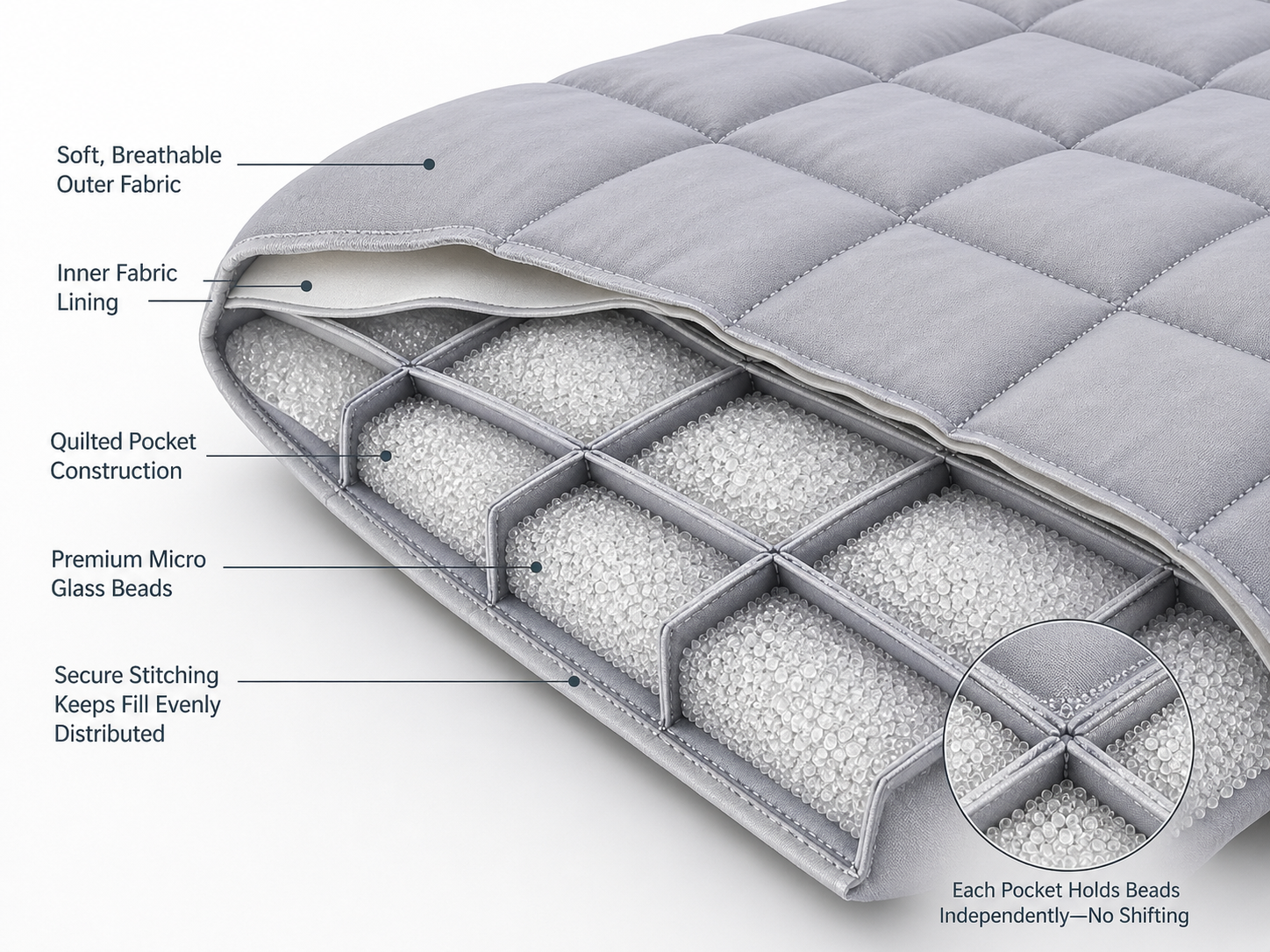 Even distribution of filling material in weighted blanket quilted pockets