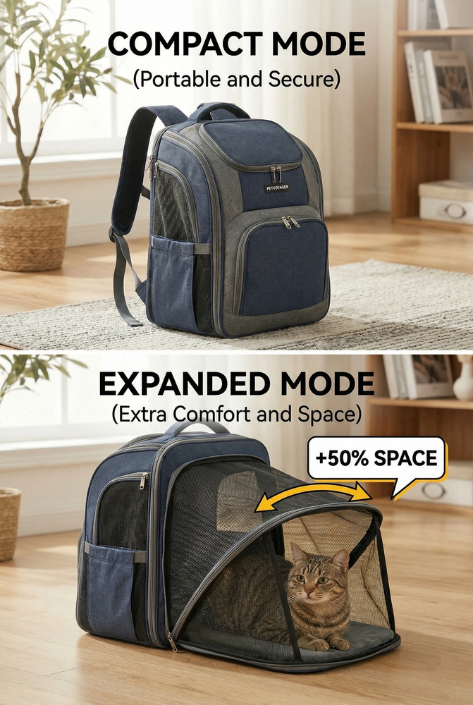 Expandable pet backpack showing expansion compartments