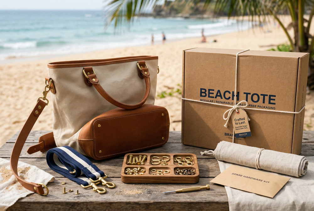 Repairable beach bag design with replaceable straps and plastic-free packaging for luxury hotels_2
