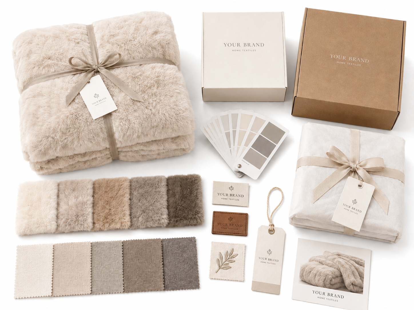 Custom faux fur blanket options including colors, logo labels, hang tags and gift packaging