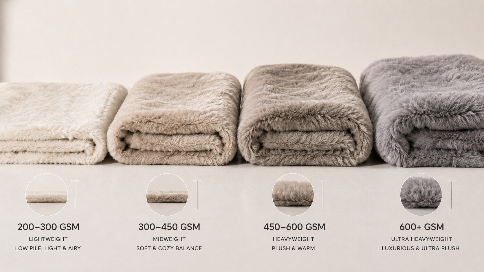 Different GSM faux fur blankets showing thickness comparison from lightweight to heavy luxury blanket