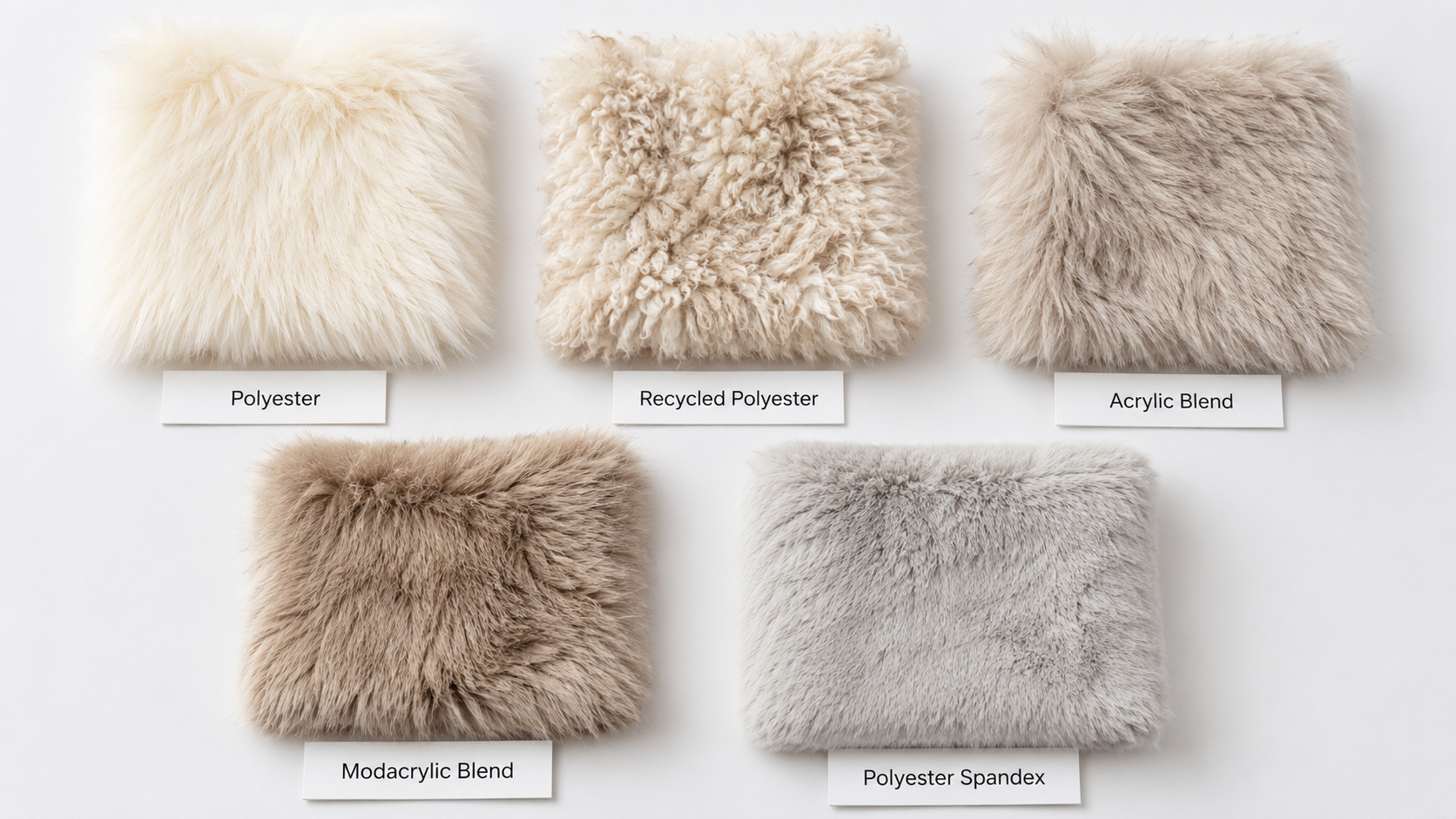 Faux fur blanket material comparison with polyester, recycled polyester, acrylic blend and modacrylic fabric swatches
