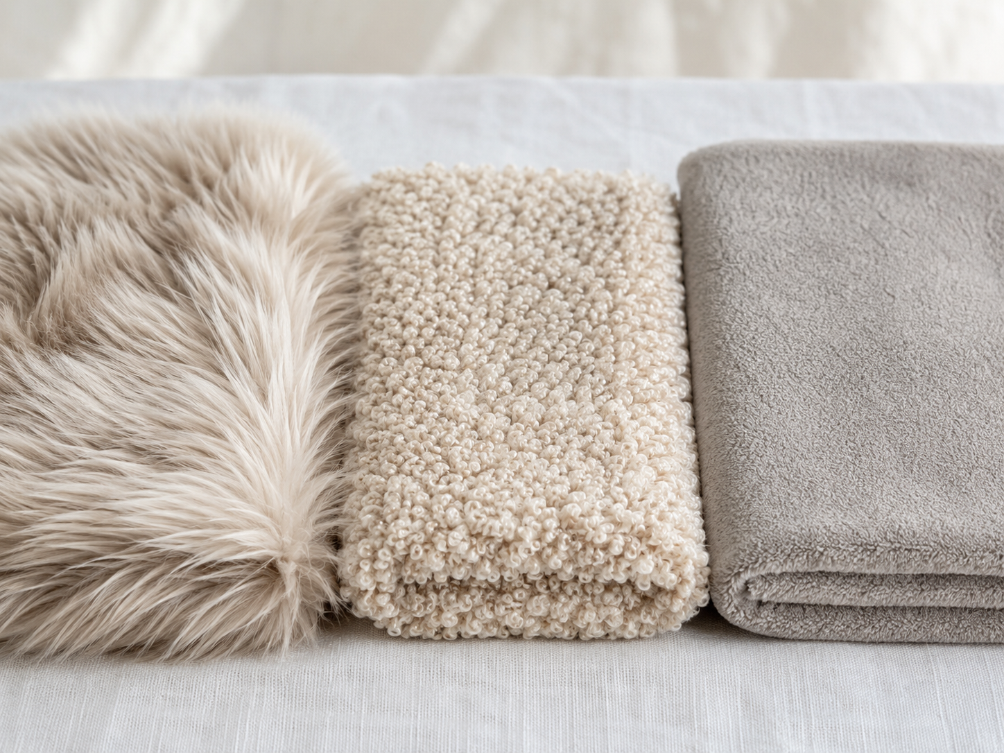 Faux fur, sherpa and fleece blanket fabric texture comparison for B2B buyers