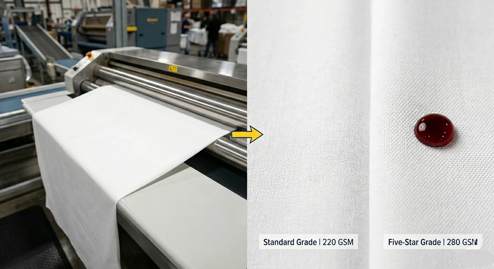 Hospitality table linen guide demonstrating 230 GSM spun polyester tablecloth laundry durability and 3-second liquid absorption buffer_2