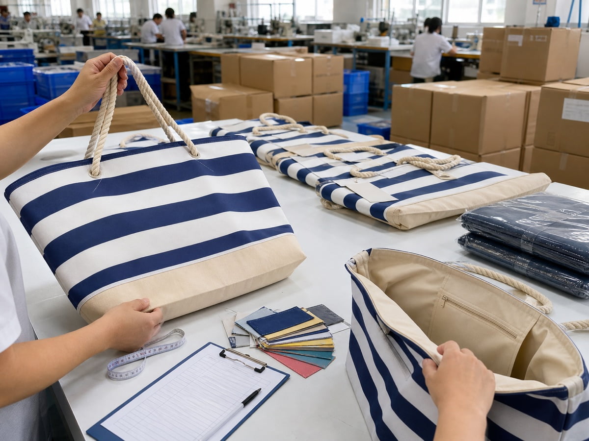 Beach bag quality control inspection for handle strength, seams, lining and packing before shipment