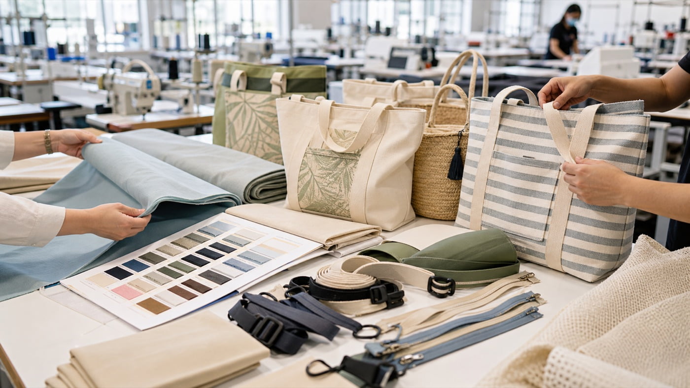 Beach bag manufacturer sampling table with fabrics, straps and private label beach tote prototypes