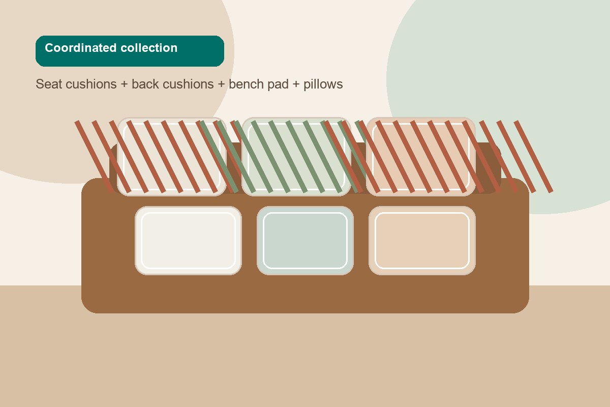 coordinated outdoor cushion collection with seat cushions back cushions bench pad and pillows