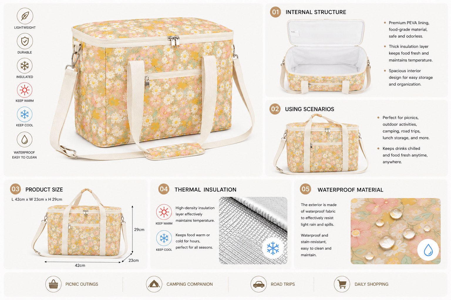 custom cooler bag with PEVA lining thermal insulation and waterproof floral fabric