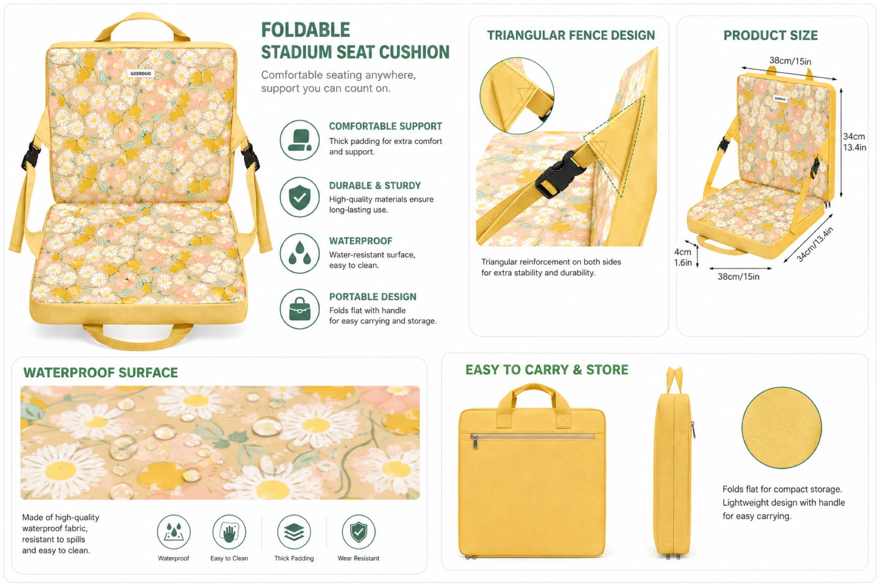 foldable stadium seat cushion OEM with waterproof surface portable handle and product size details