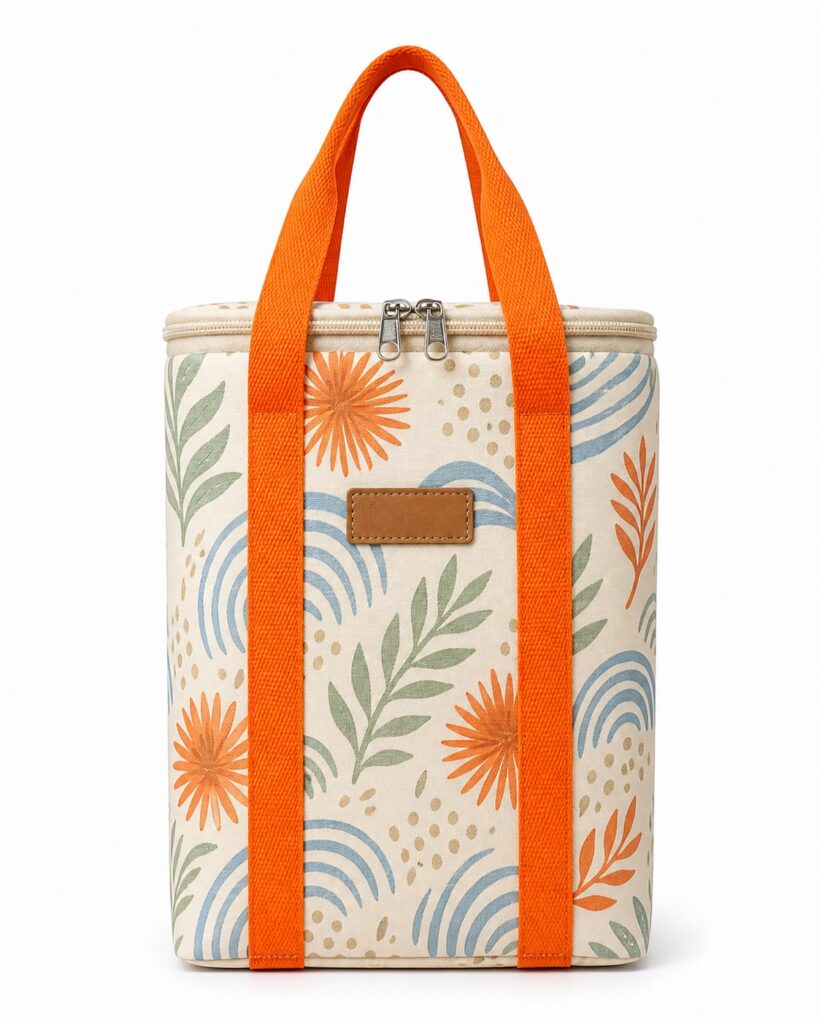 original coastal print insulated lunch tote bag with orange webbing handles and zip around top