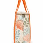 side view of original coastal print insulated lunch tote bag showing boxy shape zipper and orange handles