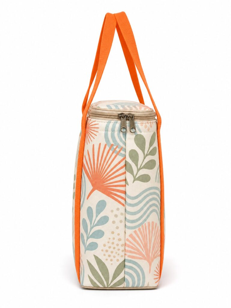 side view of original coastal print insulated lunch tote bag showing boxy shape zipper and orange handles