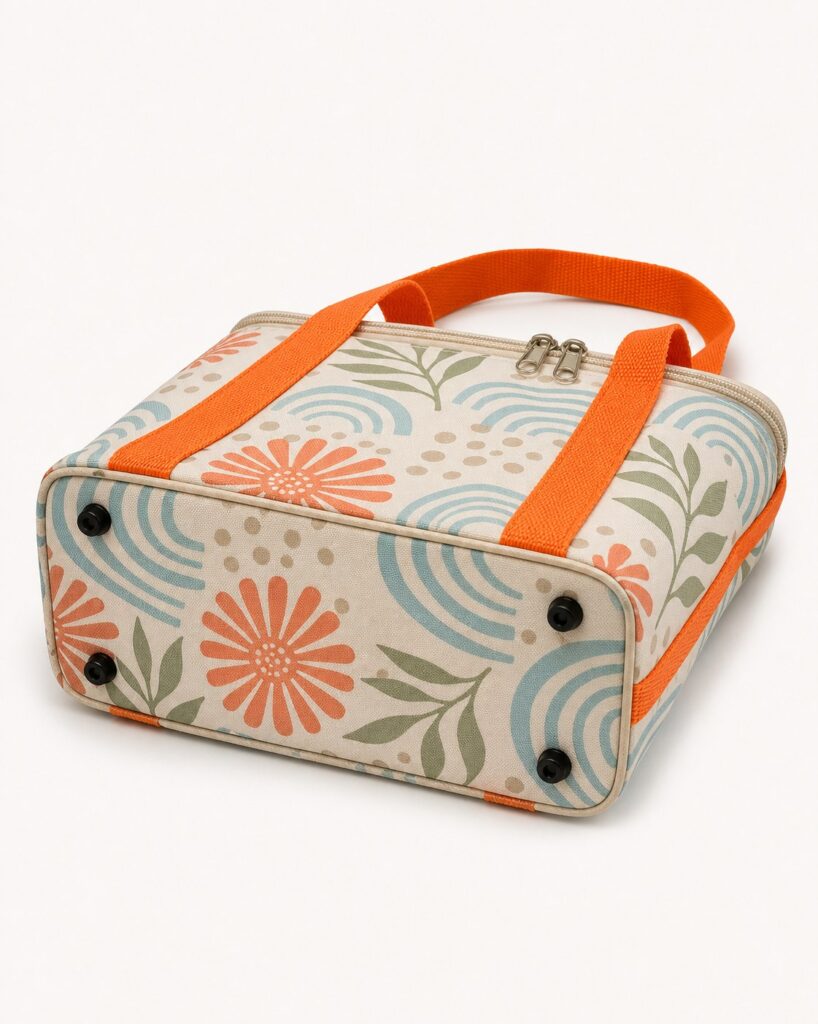 bottom base view of original coastal print insulated lunch tote bag showing soft structured base and stitched piping