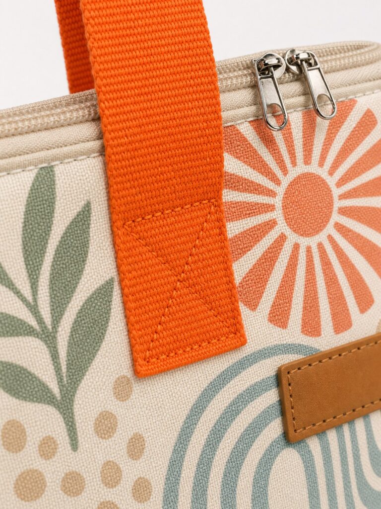 close up of orange webbing handle zipper pull stitching and original coastal printed fabric texture