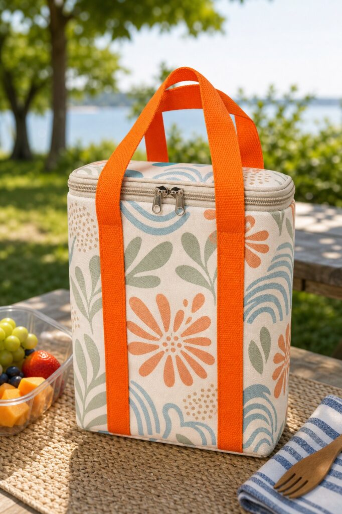 original coastal print insulated lunch tote bag with orange handles in a sunny picnic setting