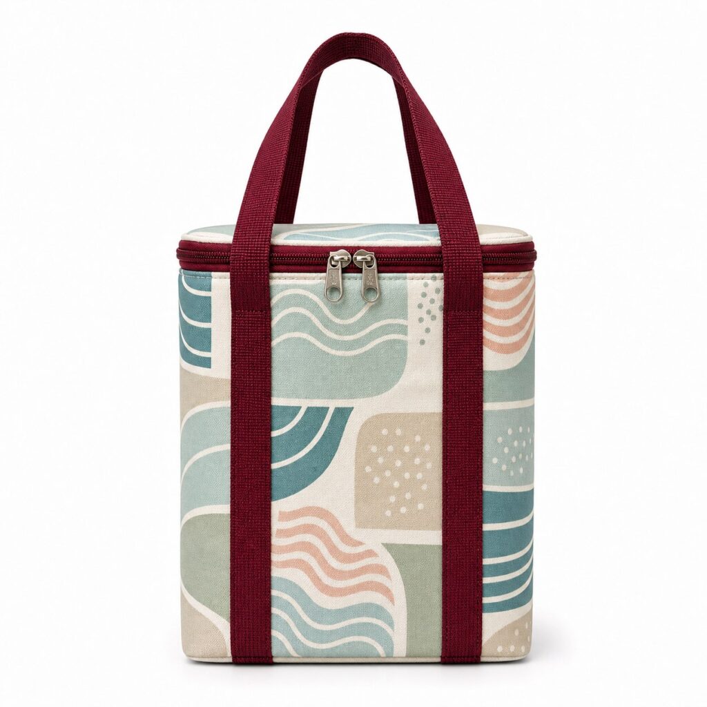 original sea glass geometric insulated cooler tote bag with burgundy webbing handles