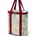 side view of sea glass geometric insulated cooler tote showing zip around lid and side gusset
