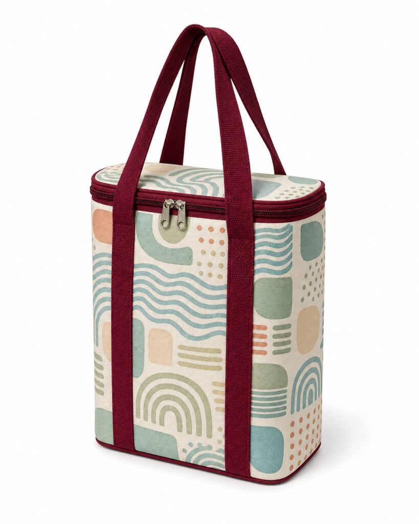 side view of sea glass geometric insulated cooler tote showing zip around lid and side gusset