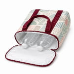 open insulated cooler tote bag with white lining and two generic water bottles inside