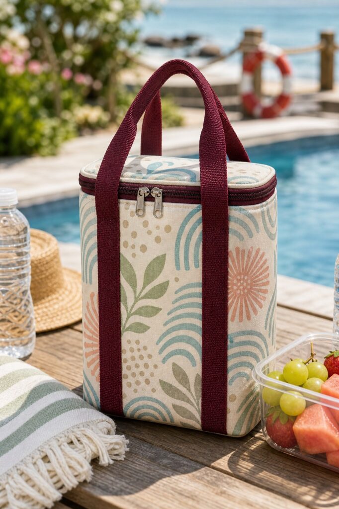 sea glass geometric insulated cooler tote bag with burgundy handles in a sunny poolside picnic setting