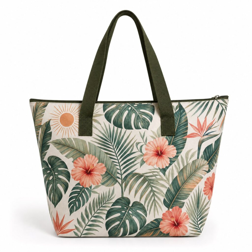 original tropical botanical zip top beach tote bag with dark olive webbing handles