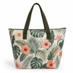 original tropical botanical zip top beach tote bag with dark olive webbing handles