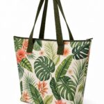 side view of original tropical botanical zip top tote bag showing tapered gusset and olive handles