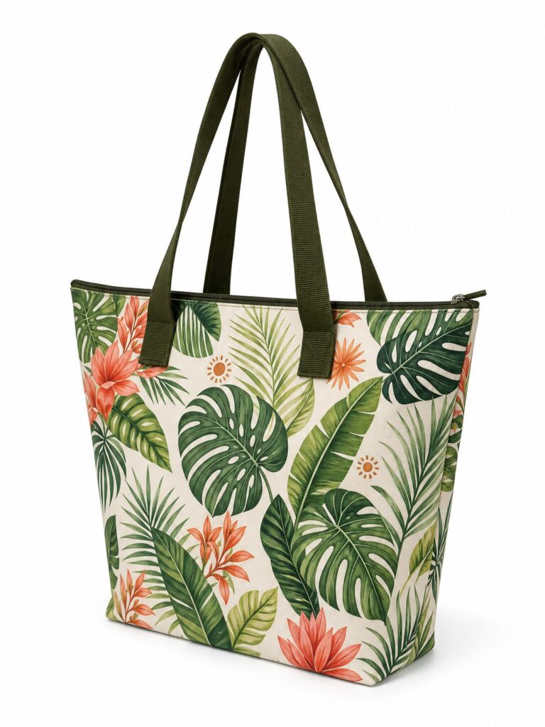 side view of original tropical botanical zip top tote bag showing tapered gusset and olive handles