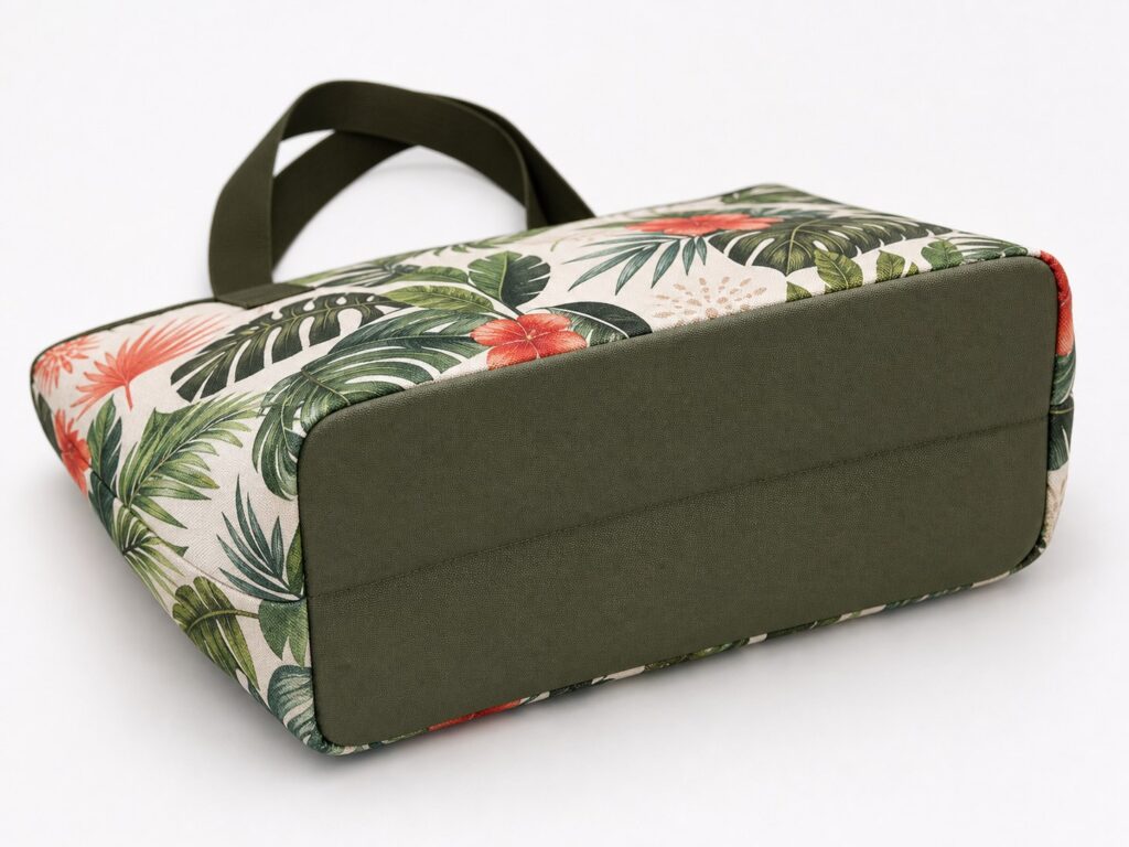 bottom base view of original tropical botanical zip top beach tote bag with olive reinforced base panel