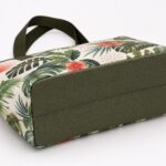 bottom base view of original tropical botanical zip top beach tote bag with olive reinforced base panel