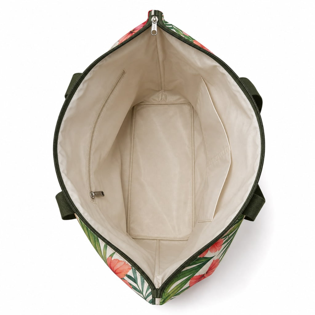 open interior view of zip top beach tote bag with light lining inner zip pocket and slip pocket