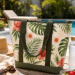 original tropical botanical zip top beach tote bag in a sunny poolside picnic setting