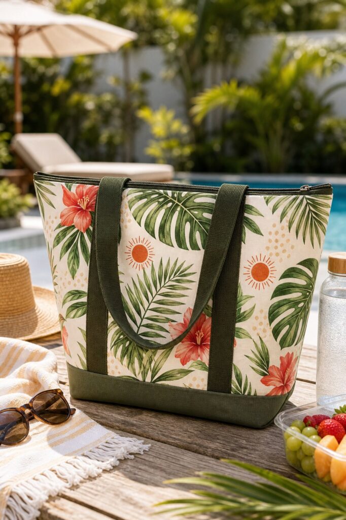 original tropical botanical zip top beach tote bag in a sunny poolside picnic setting
