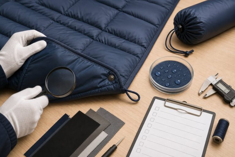 outdoor blanket quality control inspection of quilting stitching snaps and fabric