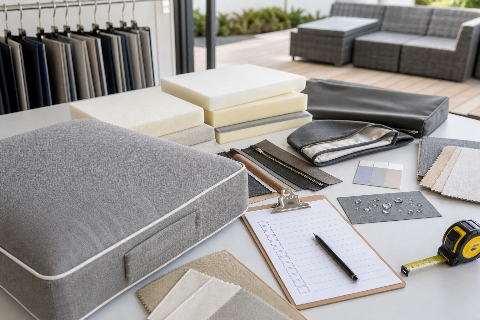 outdoor cushion importer quality check with foam fabric swatches zipper seams and inspection checklist
