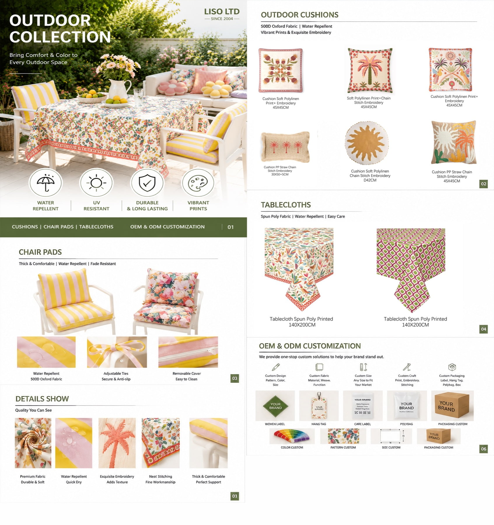 custom outdoor patio textile collection with outdoor cushions chair pads tablecloths and OEM packaging support