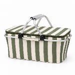 olive green and ivory striped polyester Oxford insulated cooler basket with aluminum folding handles