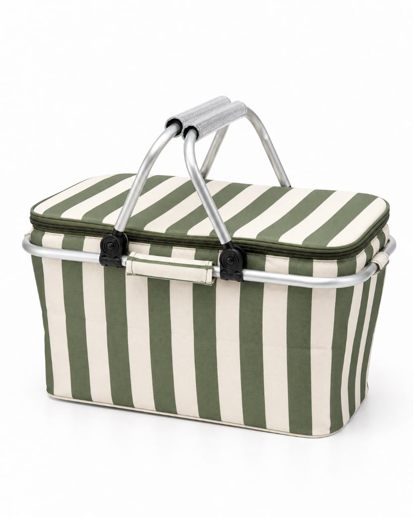 olive green and ivory striped polyester Oxford insulated cooler basket with aluminum folding handles