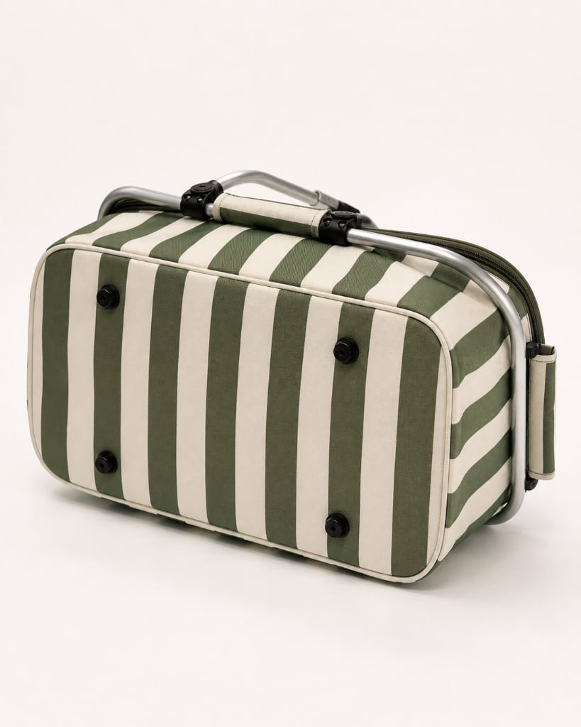 bottom view of striped insulated cooler basket showing black feet and stitched piping