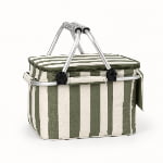 side view of olive striped picnic cooler basket with zippered lid and aluminum handle frame